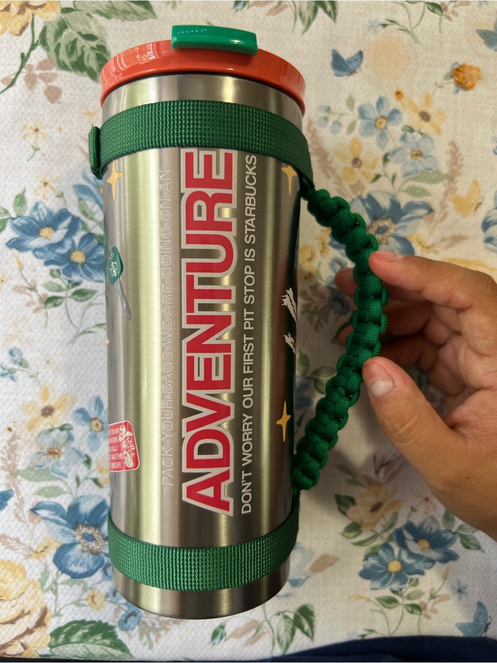 Starbucks Stainless Steel Adventure Tumbler with Green Strap and Orange Lid